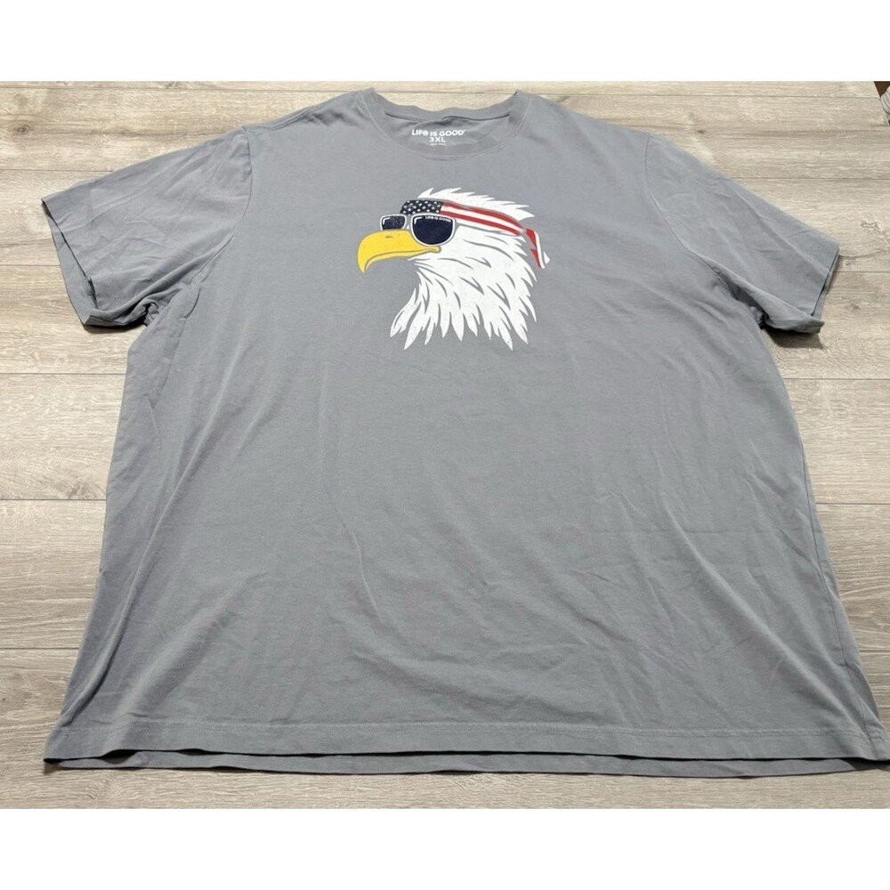 Life is Good Men's Gray Short Sleeve T Shirt Eagle American Flag Bandana 3XL